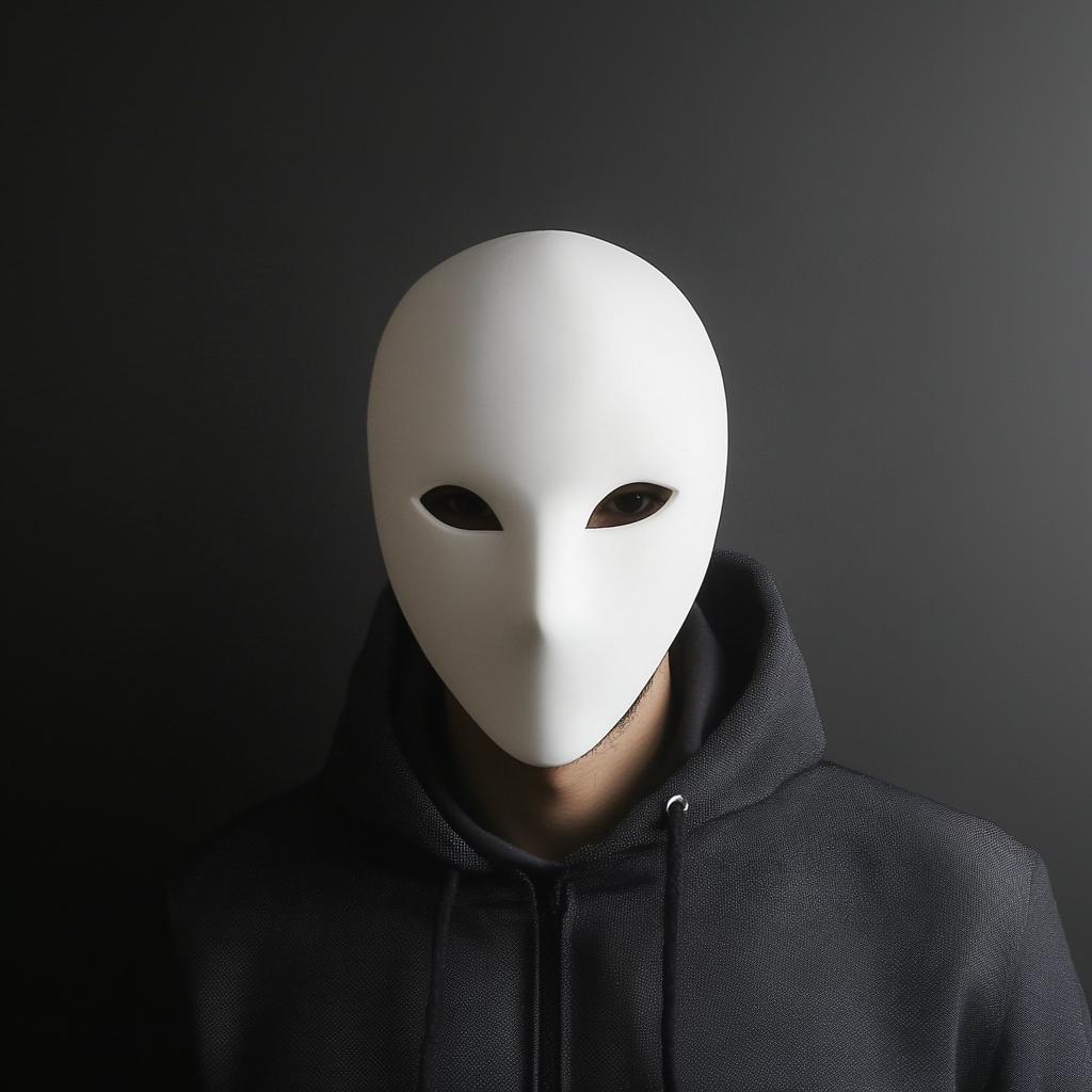 Custom blank face mask displayed by a person in a black hoodie, ideal for cosplay and Halloween events.