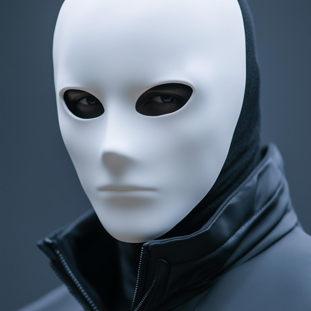 White blank face mask on a mannequin, ideal for custom painting and cosplay, perfect for Halloween and theatrical performances.