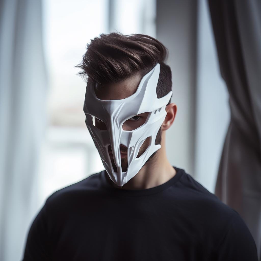 Futuristic white cosplay mask on a model, ideal for sci-fi costumes, Halloween, and photoshoots.
