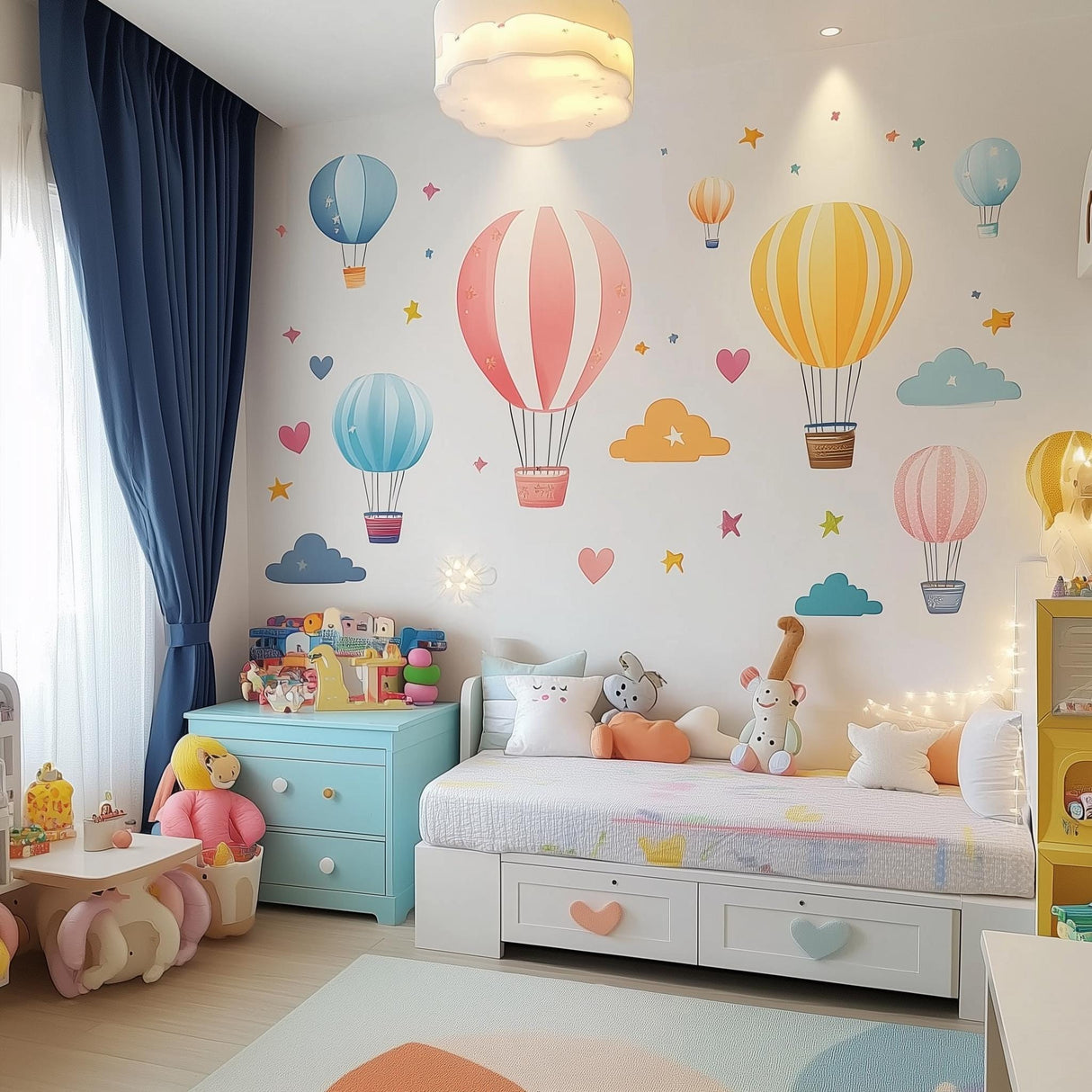 Colorful hot air balloon wall decals in a cheerful kids room with clouds, hearts, and playful decor.