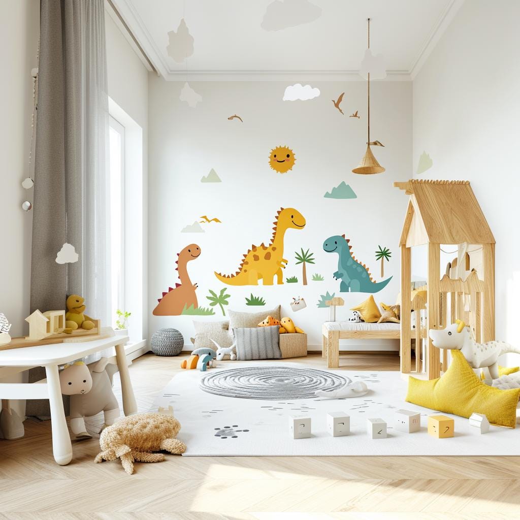 Colorful dinosaur wall decals in a kids' playroom, featuring cheerful dinosaurs and a sunny backdrop.