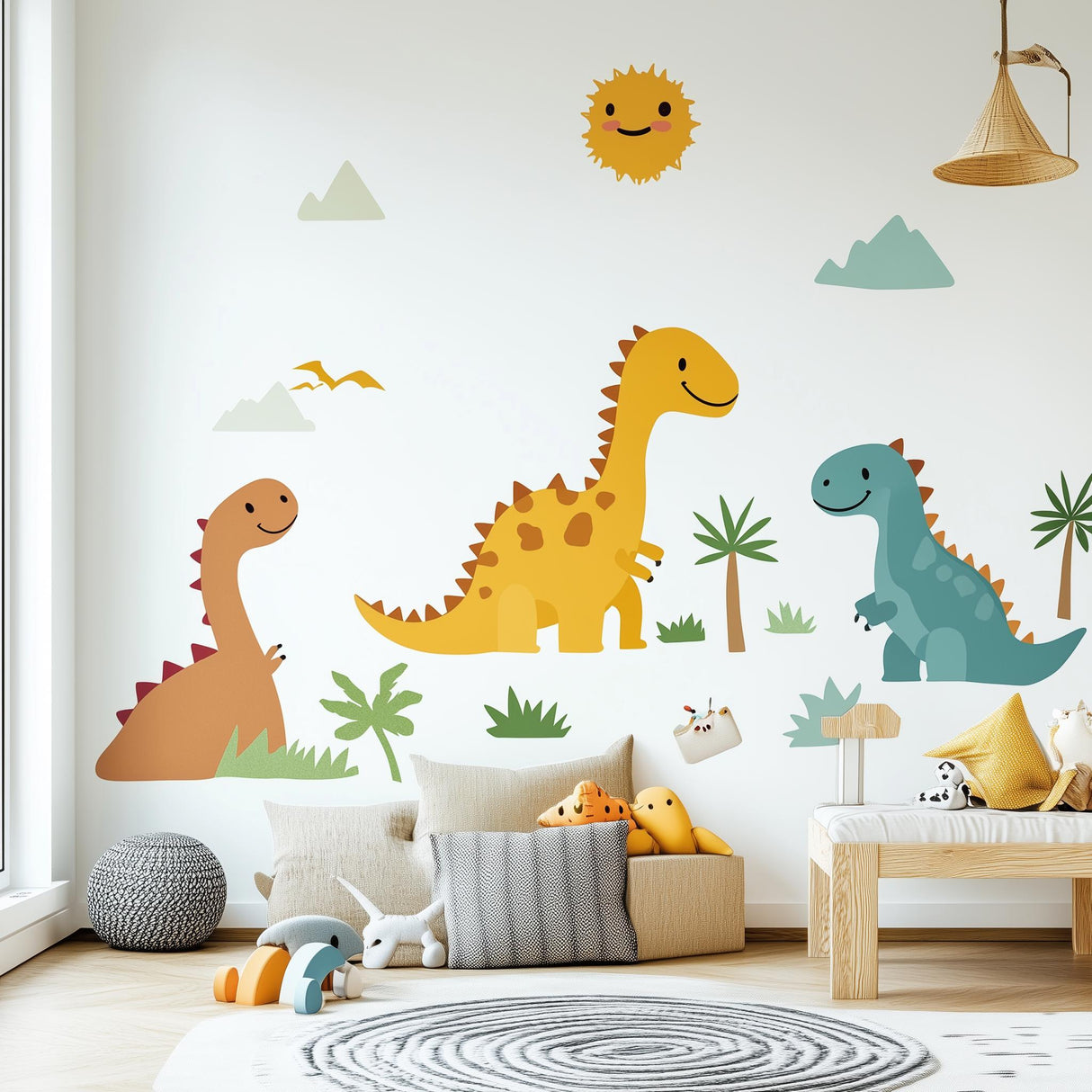 Colorful dinosaur wall decals in a bright kids' room, featuring cheerful dinos, plants, and a sun backdrop.