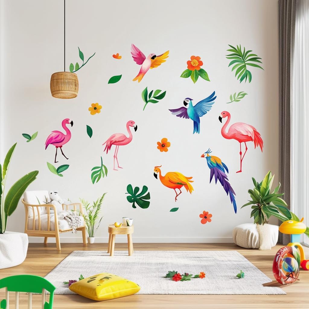 Vibrant tropical bird wall decals featuring flamingos and parrots in a colorful nursery setting.