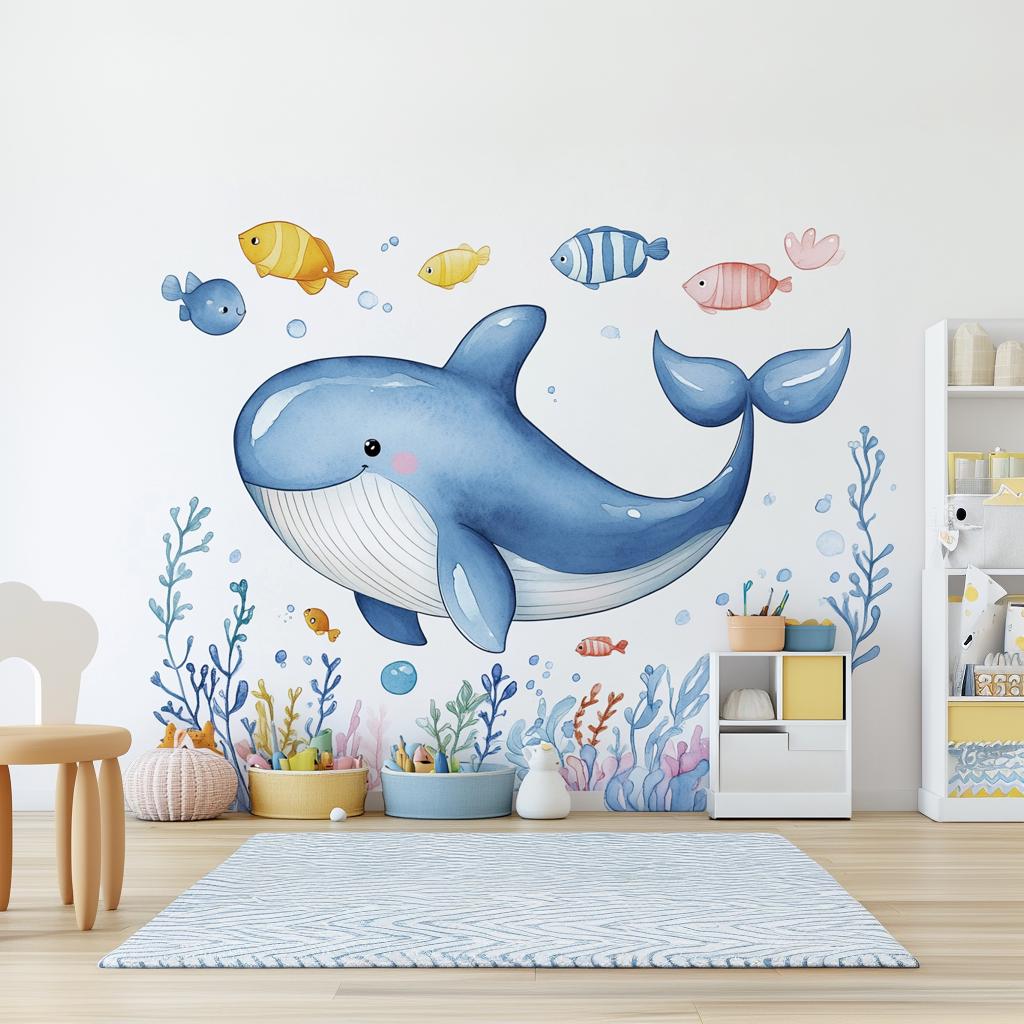 Whale wall decals in a kids' room decor with colorful fish and coral, ideal for nurseries and playrooms.