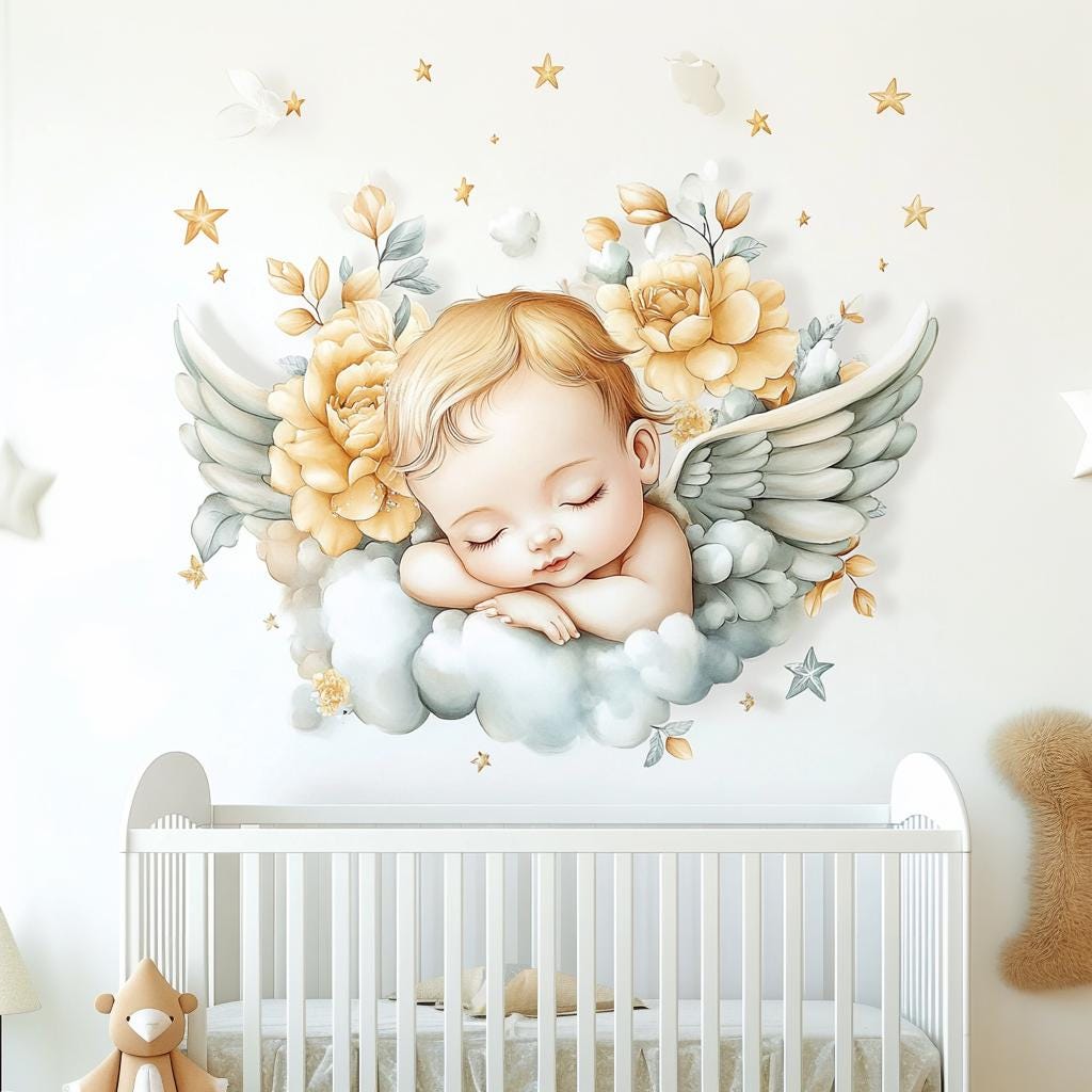 Adorable angel baby mural with flowers and wings in a nursery, perfect for serene baby room decor.