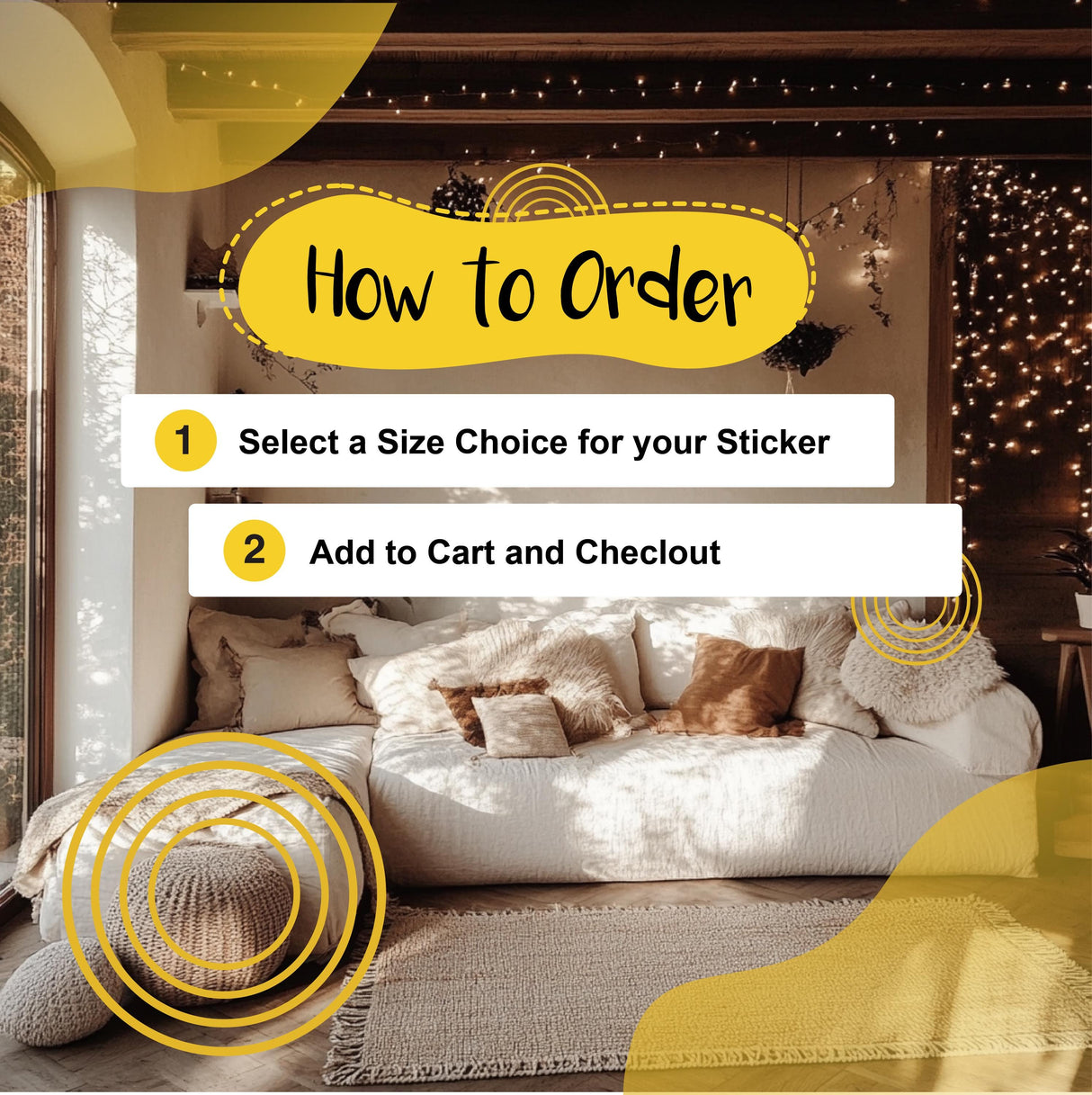 How to order wall stickers: Select size and add to cart. Cozy living room setting with decor.
