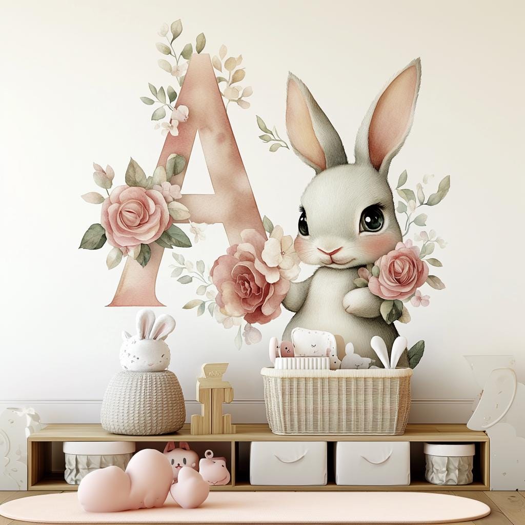 Personalized Bunny Wall Decal | Floral Monogram Letter A Nursery Decor | Custom Baby Room Wall Art | Removable Vinyl Sticker