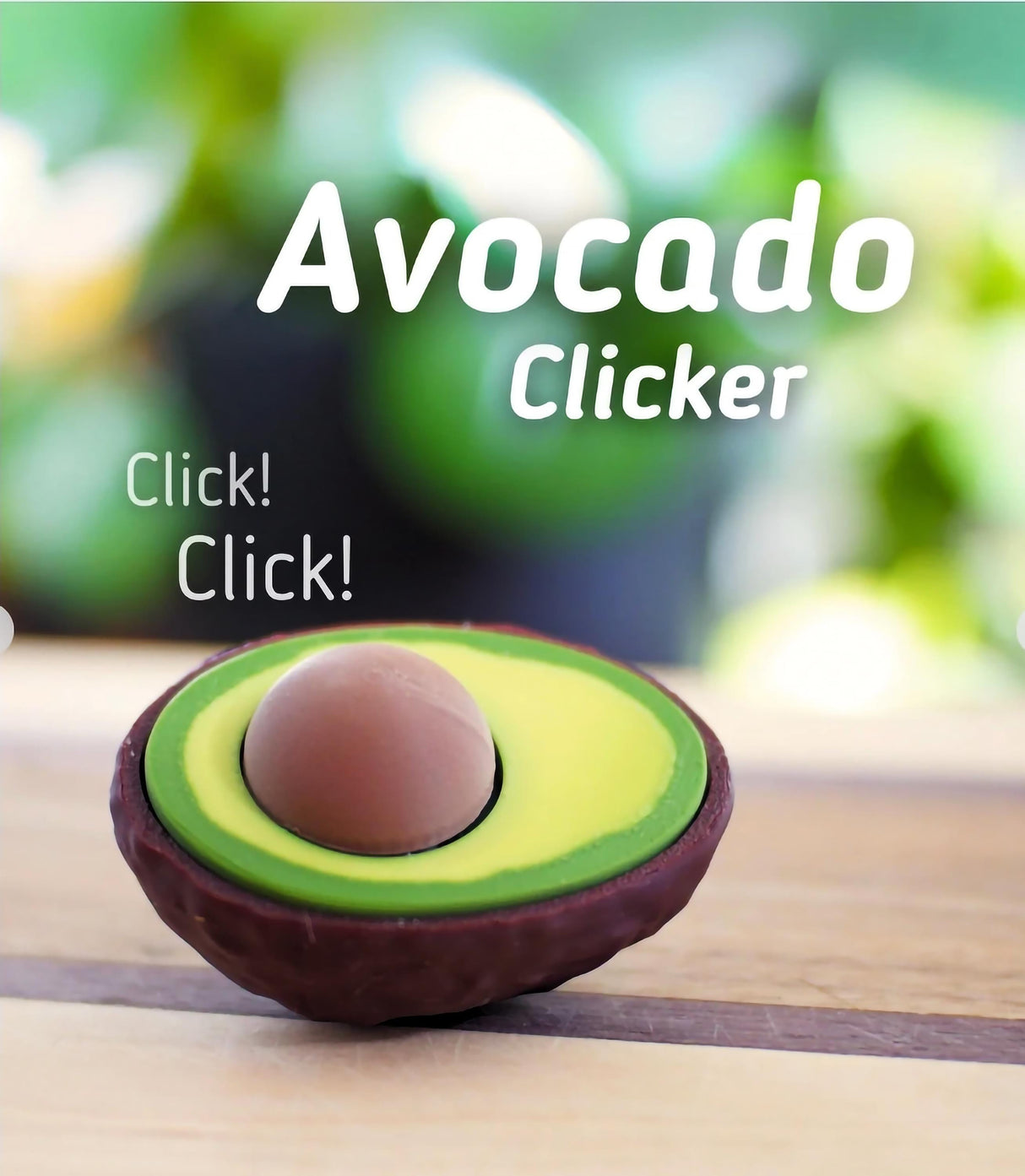 Avocado Clicker fidget toy designed for stress relief, featuring a clickable seed in a playful avocado shape.