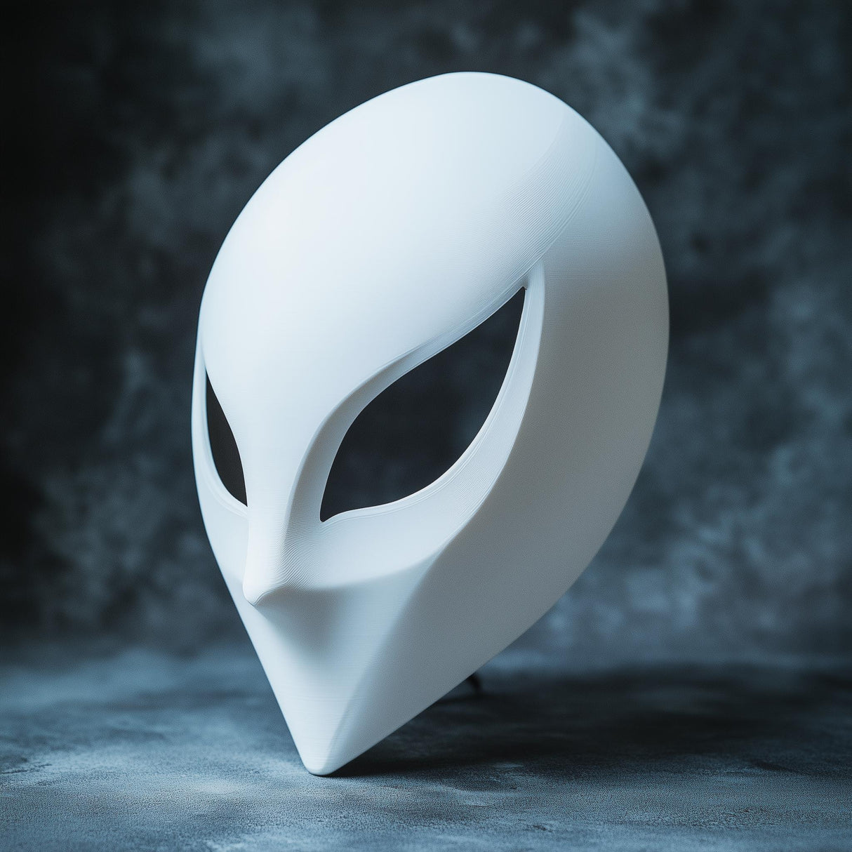 Custom 3D-printed white mask with sharp features, perfect for cosplay or personalized design.
