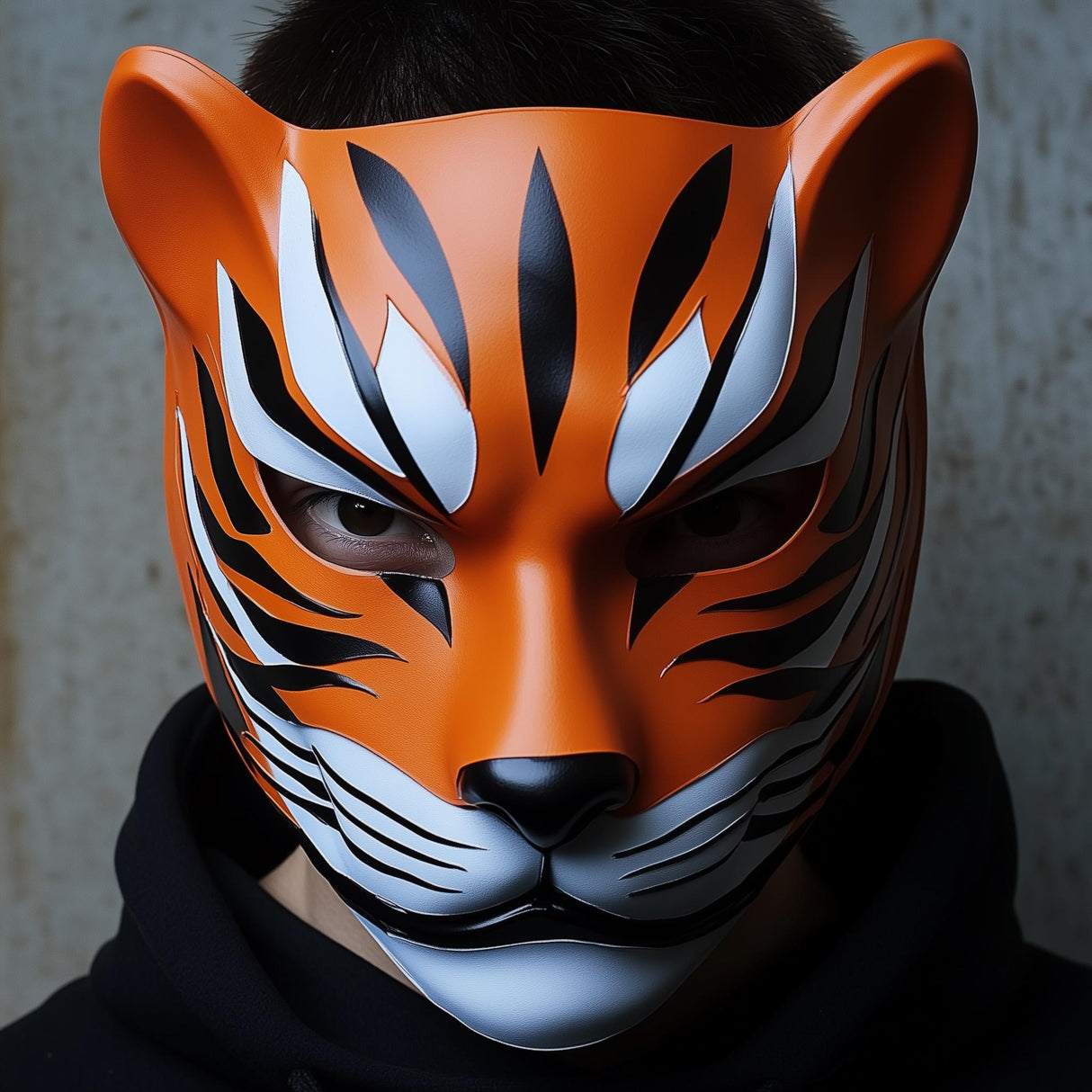 Custom 3D printed tiger mask featuring bold orange and black stripes for unique cosplay.