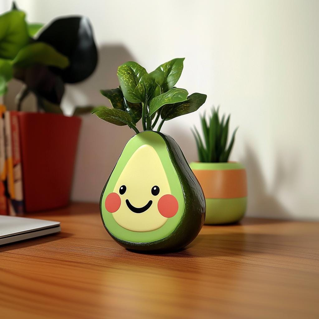 Cute avocado planter with smiley face, perfect for succulents and whimsical home decor.