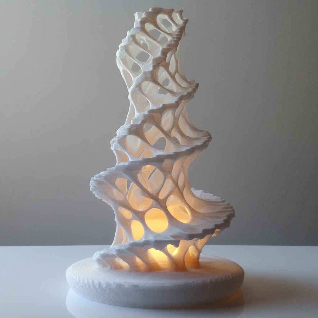 Modern 3D printed decorative lamp with intricate spiral design and warm light emanating from within.