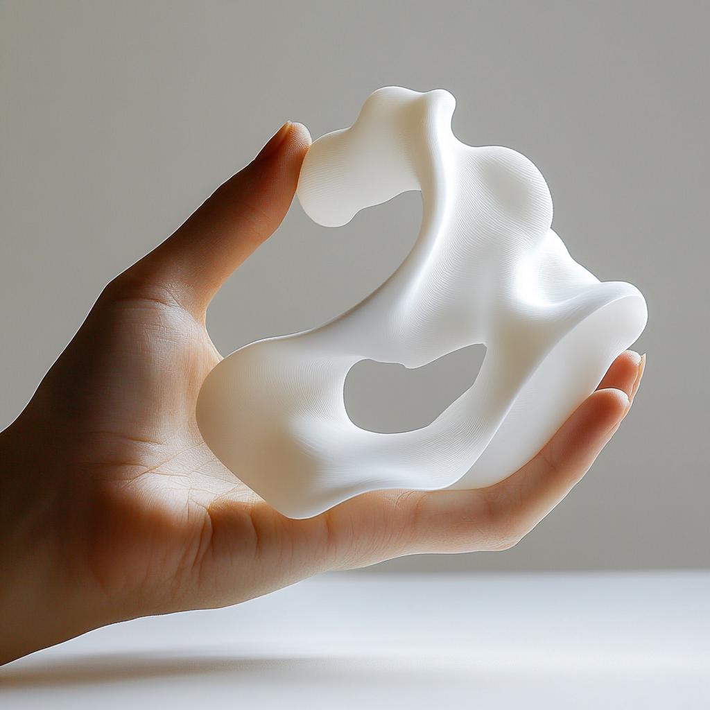 Hand holding a unique 3D printed sculpture, showcasing smooth curves and a hollow design.