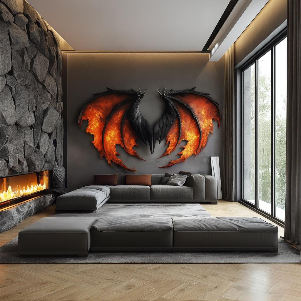 Dragon wing wall mural in modern living room with stone wall and fireplace, featuring fiery accents for bold decor.