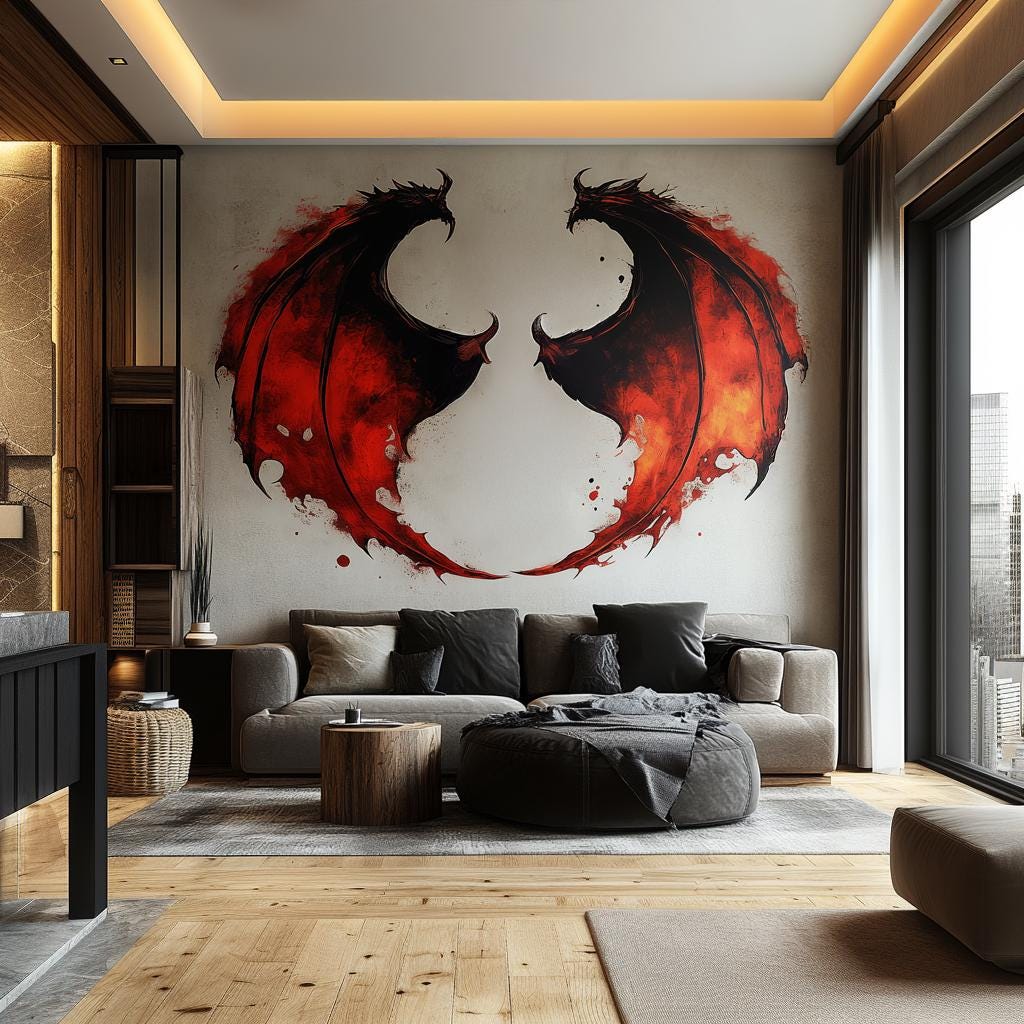 Striking dragon wing wall sticker in red and black, adding fantasy decor to a modern living room setting.