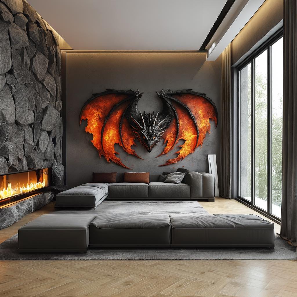Fiery dragon wall sticker in modern living room with stone wall and fireplace, bold red and black design.