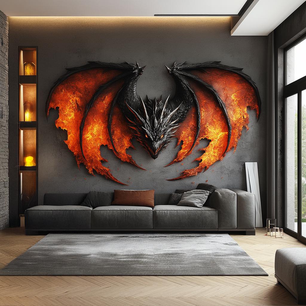 Fiery dragon wall sticker mural with red and black wings in modern living room decor.