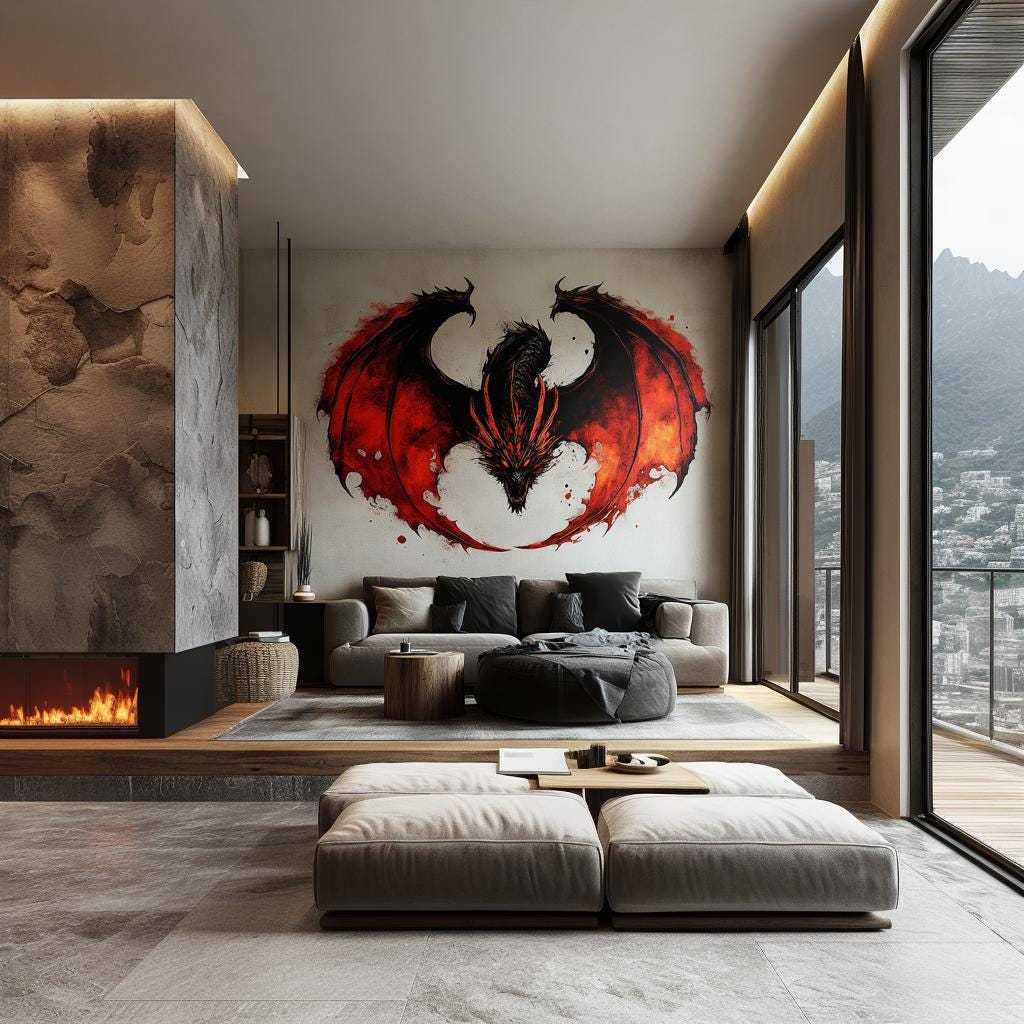 Fiery dragon wall sticker in a modern living room, featuring bold red and black wings, perfect fantasy decor.