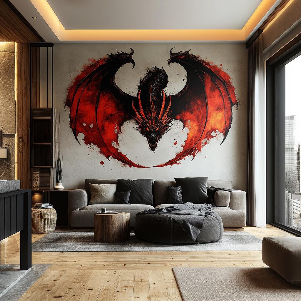 Fiery dragon wall sticker in a modern living room, featuring bold red and black design for fantasy decor.