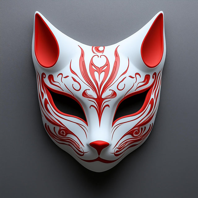 3D-printed red fox mask with intricate designs, perfect for cosplay, festivals, and traditional Japanese themes.
