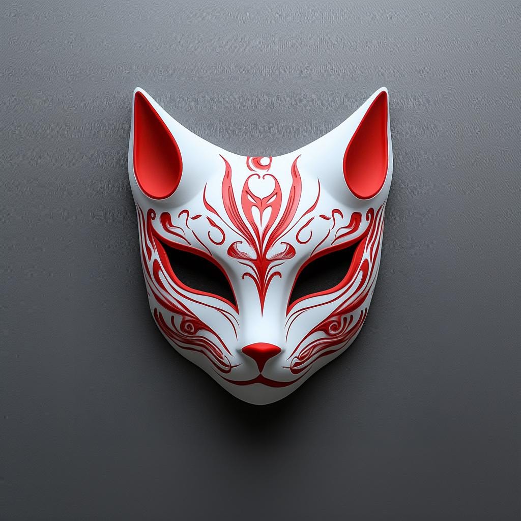 3D printed red and white Kitsune fox mask with intricate designs for cosplay and festivals.