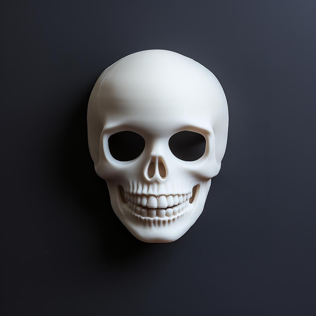 3D printed skull mask for Halloween and cosplay, featuring detailed design and realistic appearance.