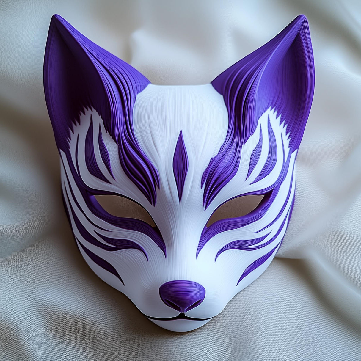 3D printed purple Kitsune mask inspired by Japanese folklore for cosplay and festivals.