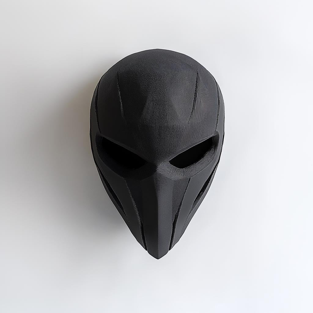 3D-printed black supervillain mask designed for cosplay and horror events, featuring a sleek, menacing design.