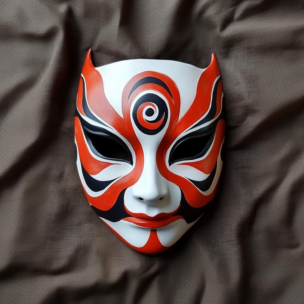 Ninja cosplay mask inspired by Japanese folklore, featuring vibrant colors and intricate designs, perfect for Halloween or conventions.