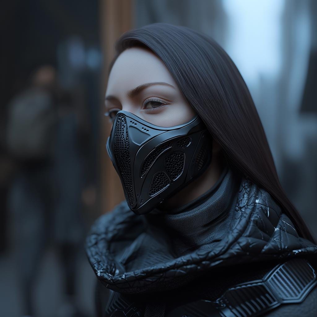 Futuristic cyberpunk mask on a model, showcasing tactical design and sleek aesthetics for cosplay and sci-fi themes.