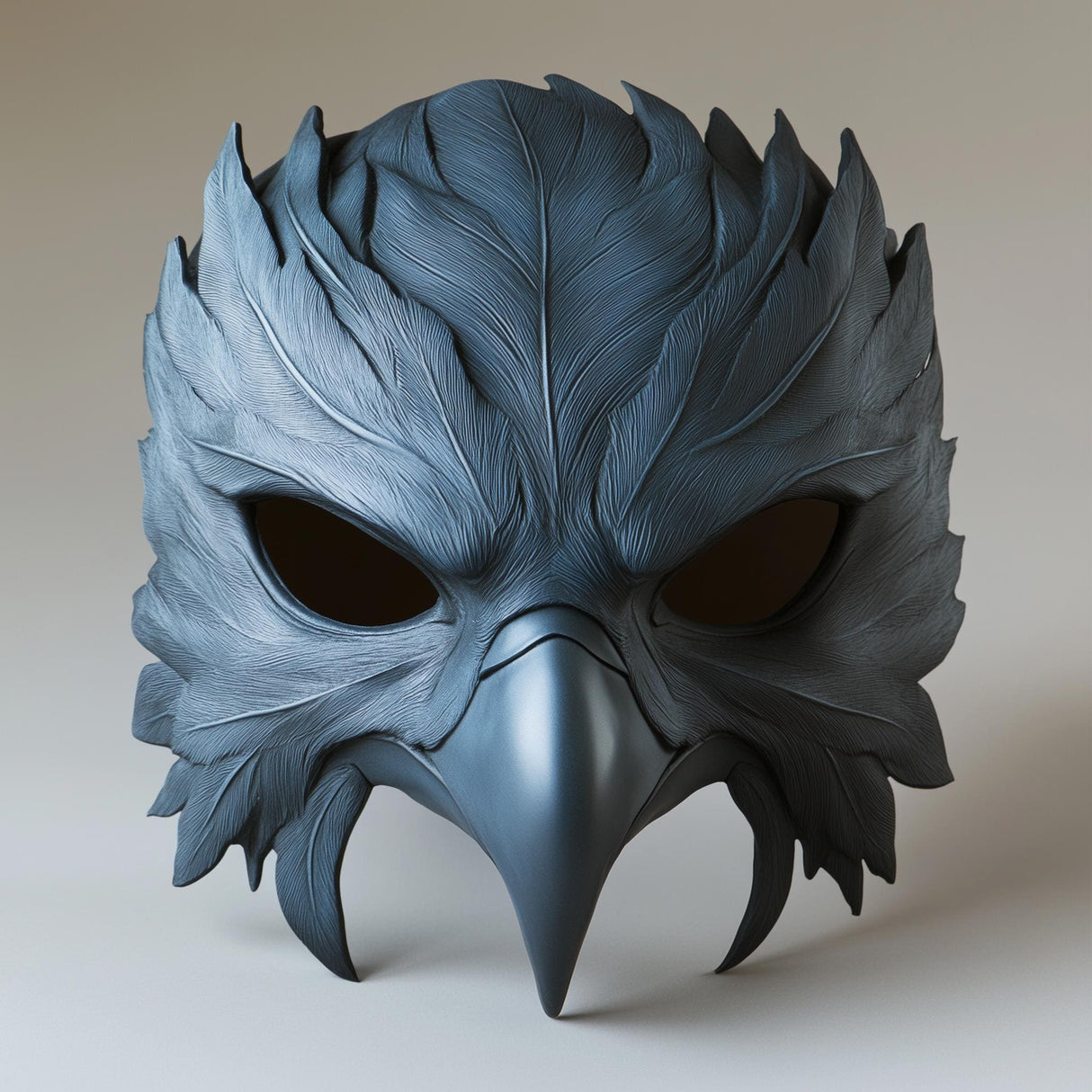 3D printed raven mask with feathered texture and beak, ideal for cosplay and Halloween.