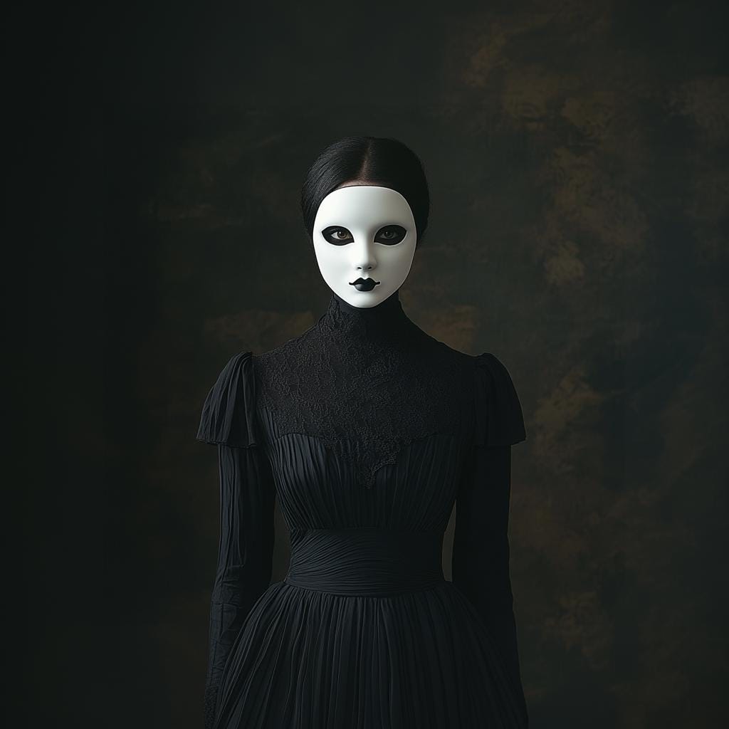 Gothic figure in a black dress wearing a haunting white mask, evoking elegance and mystery in a dark setting.