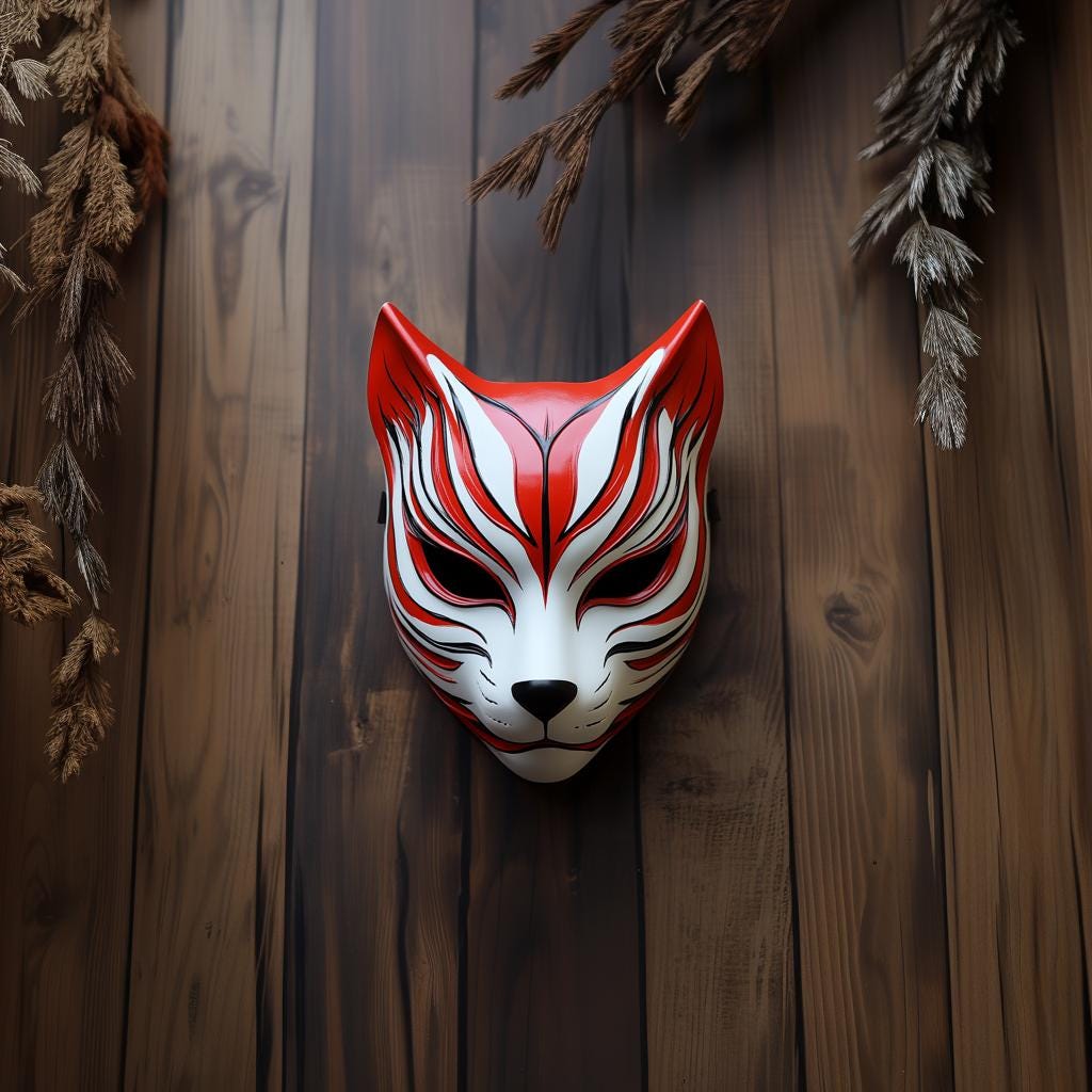3D printed Japanese fox warrior mask on wooden background, featuring bold red and white markings for cosplay and Halloween.