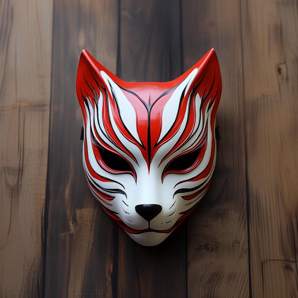 3D printed Japanese fox warrior mask with bold markings, perfect for cosplay and Halloween.