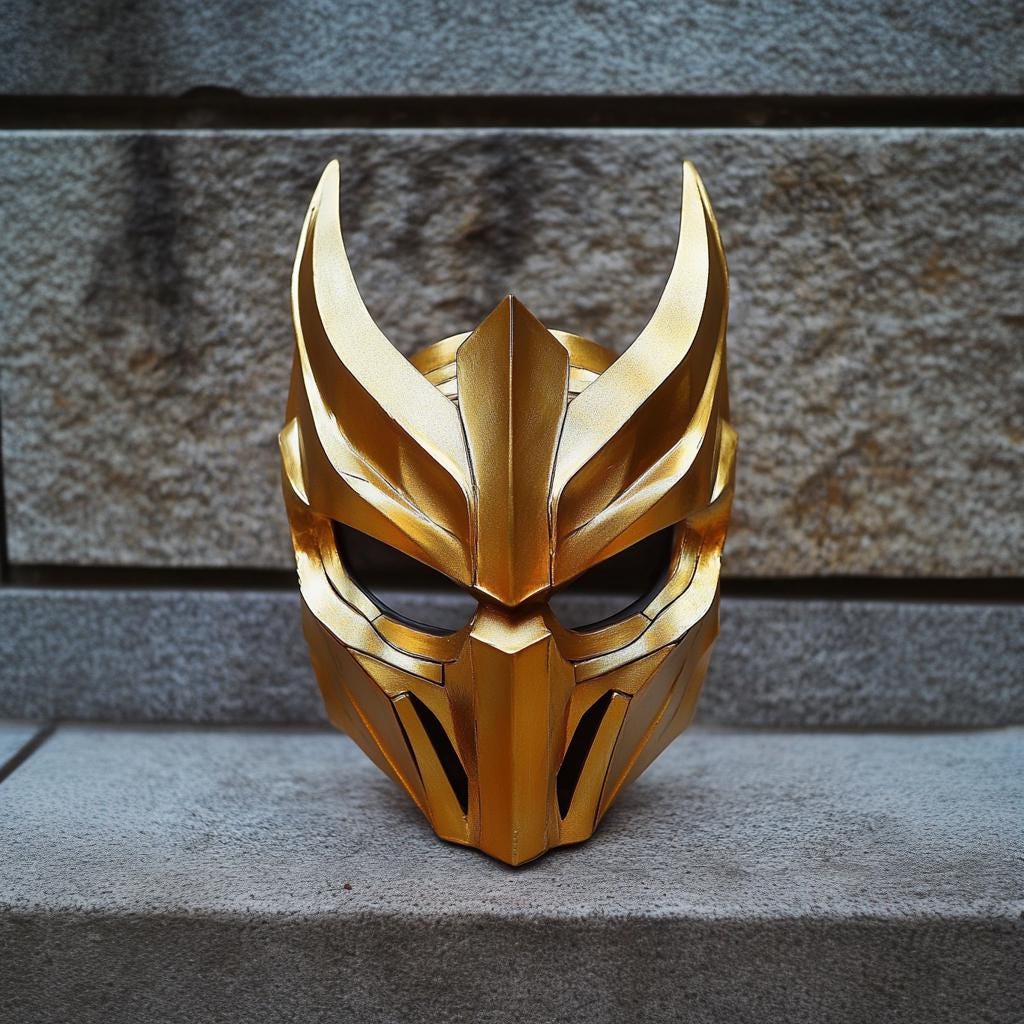 Golden warrior samurai demon mask, ideal for cosplay and medieval fantasy events, showcasing stunning 3D-printed design.