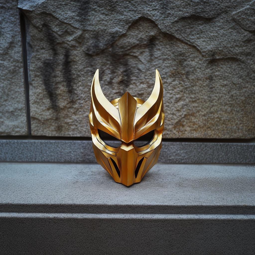 3D-printed warrior samurai demon mask in gold, ideal for cosplay and medieval fantasy events.