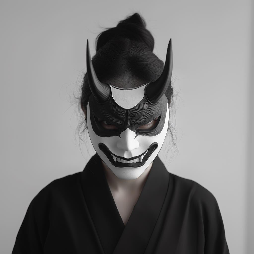 3D printed Oni mask worn by a person in black attire, inspired by Japanese folklore for cosplay and Halloween.