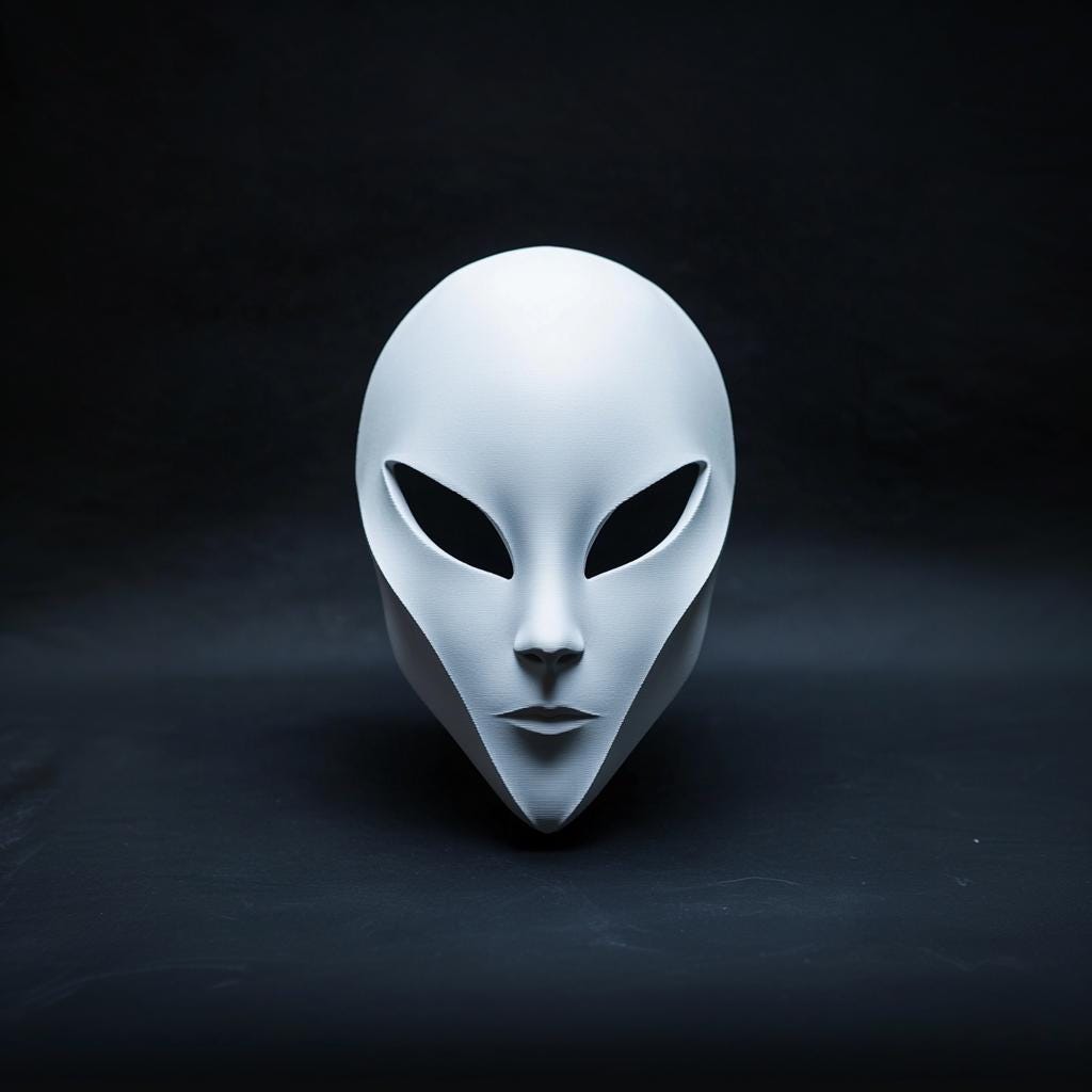 Futuristic 3D-printed alien mask for sci-fi cosplay and events, featuring a smooth, minimalist design.