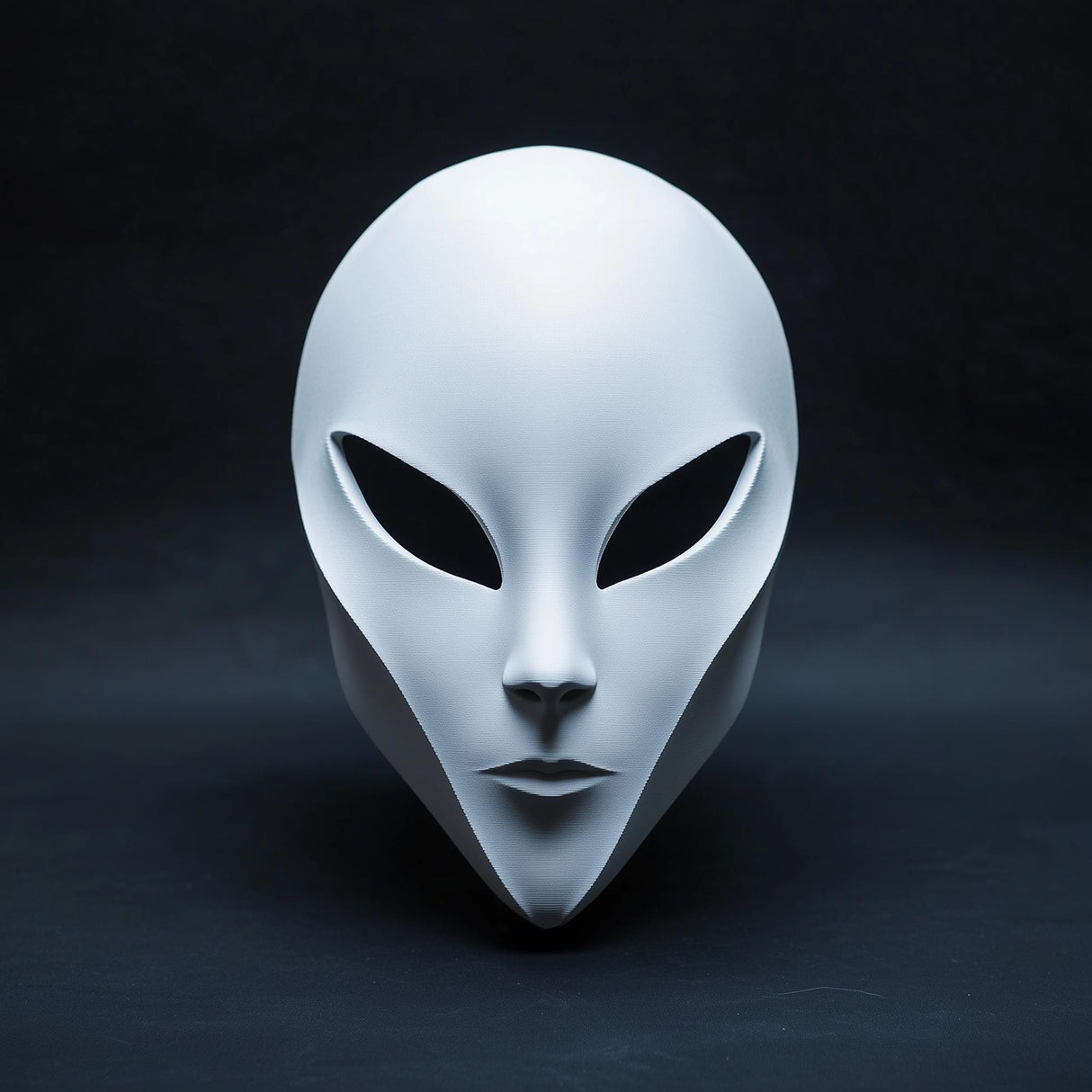 3D-printed alien mask in a minimalist design for cosplay and sci-fi events.
