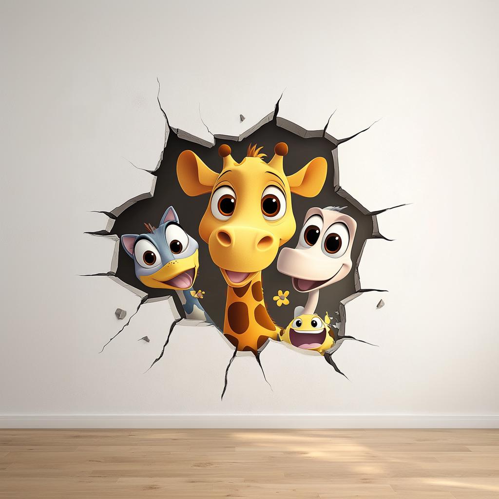 3D cartoon animal wall decal featuring a cheerful giraffe and friends peeking through a broken wall in a kids' room.
