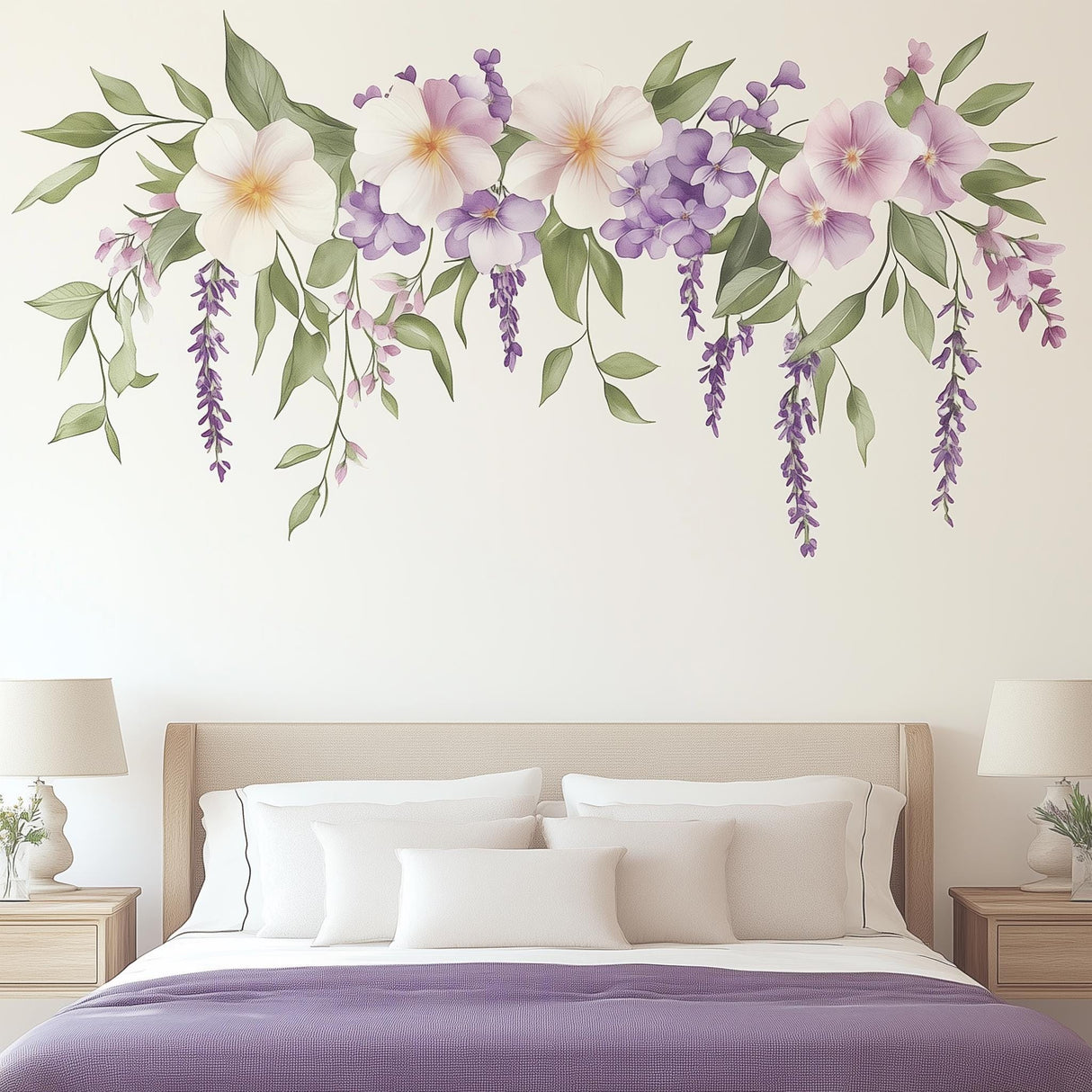 Watercolor floral wall decal featuring lavender and pastel flowers above a cozy bed in a stylish bedroom.