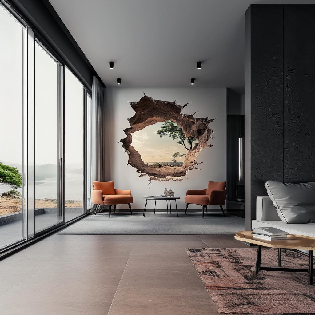 3D cracked wall decal depicting a serene nature landscape in a modern living room setting