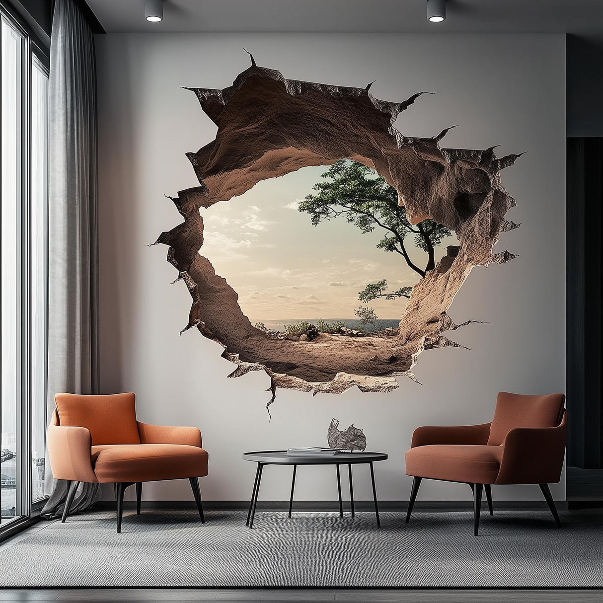 3D cracked wall decal revealing a serene nature landscape in a modern living room setting.