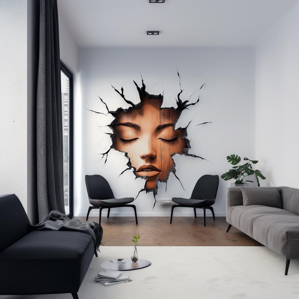 3D cracked wall face decal in modern living room, creating an optical illusion with a female face emerging from the wall.
