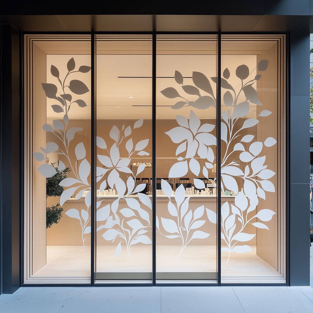 Elegant white botanical window decal on glass, featuring large leaf designs for storefront privacy decor.