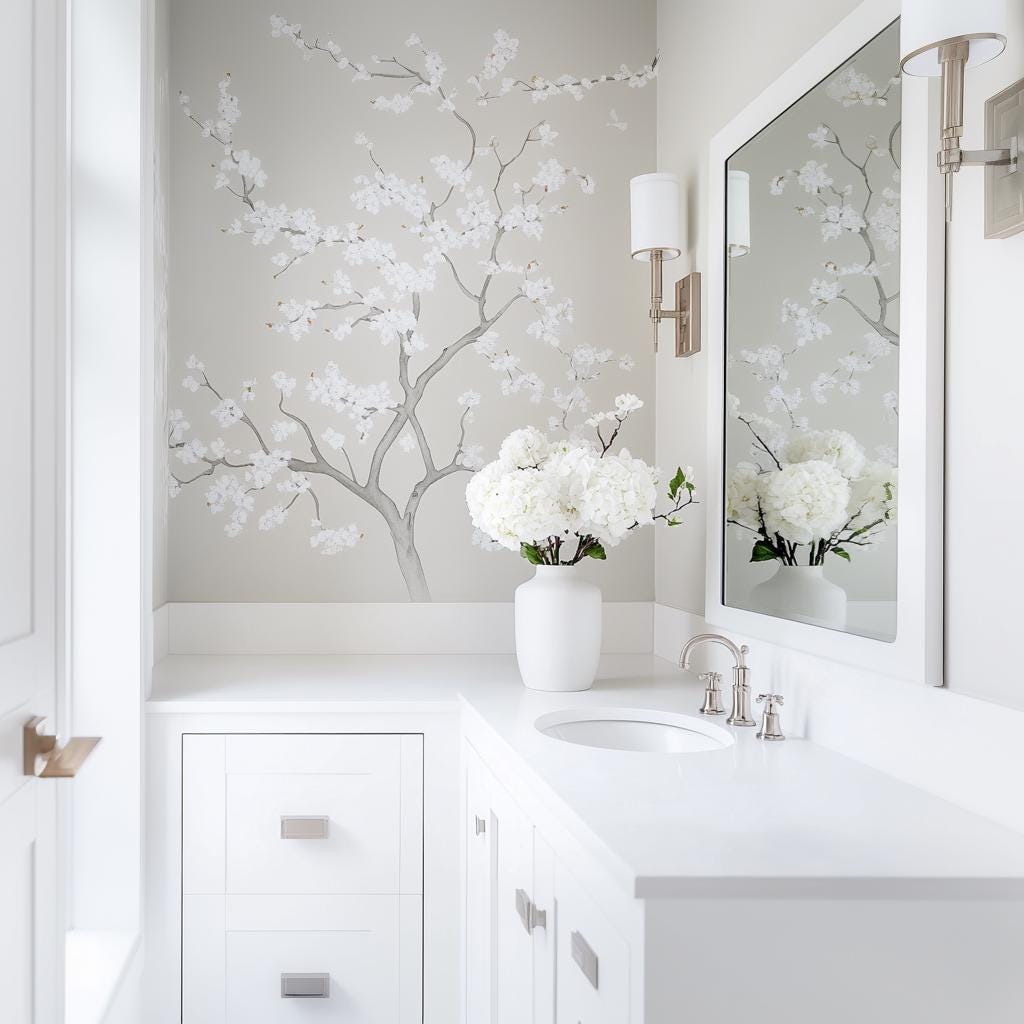 Elegant bathroom featuring a light gray Chinoiserie tree wall decal and white floral arrangement.