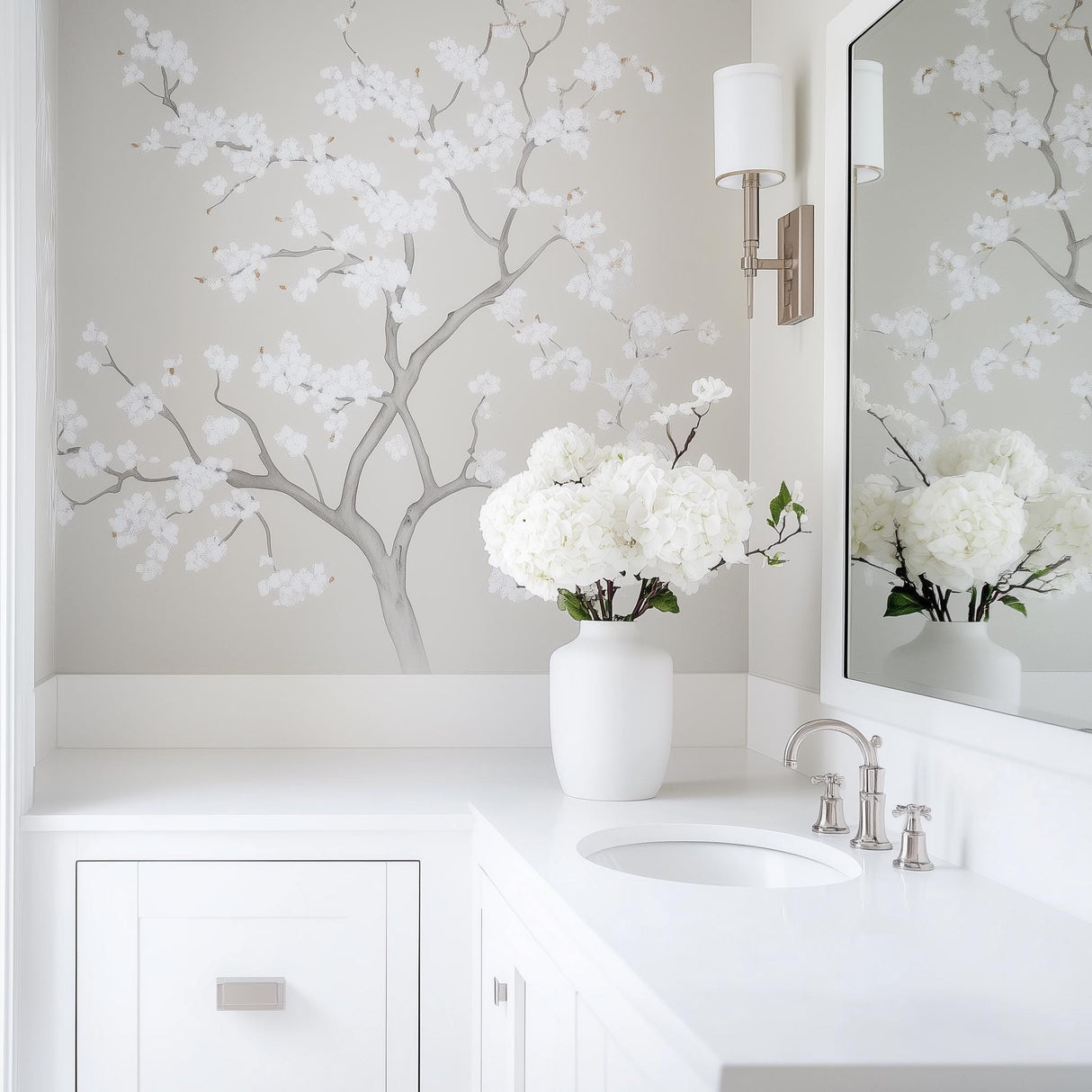 Chinoiserie Tree Wall Decal | Elegant Floral Vinyl Mural | Light Gray Blooming Branch Sticker | Classic Bathroom & Bedroom Decor