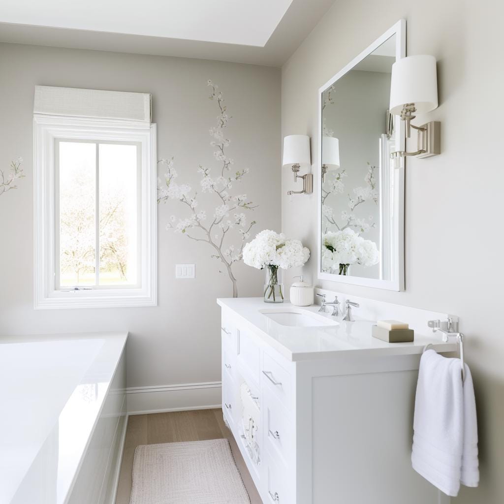 Elegant bathroom featuring Chinoiserie blossom wall decal with soft gray tones and bright, airy decor.