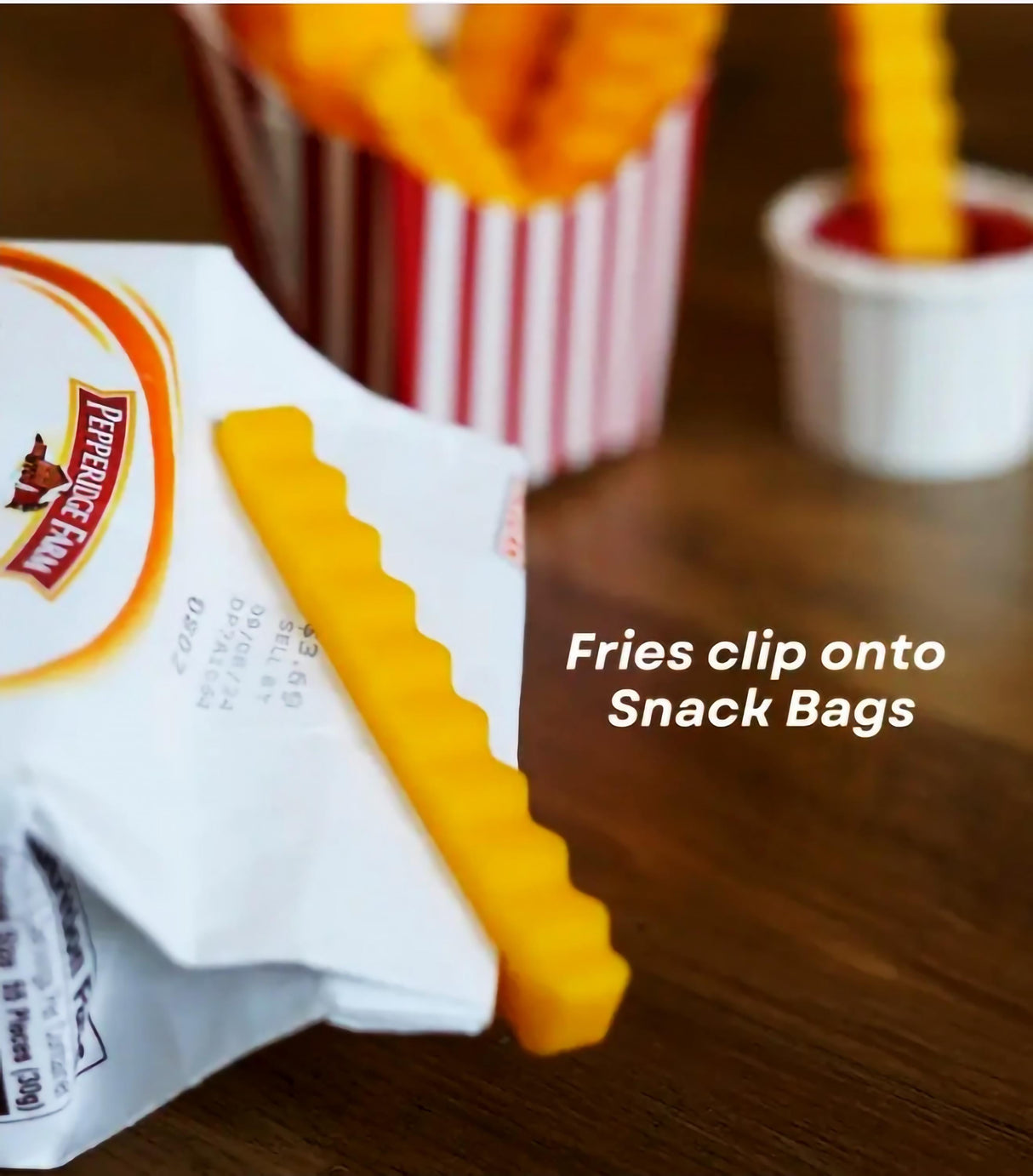 French fry-shaped clip sealing a snack bag for freshness and fun.
