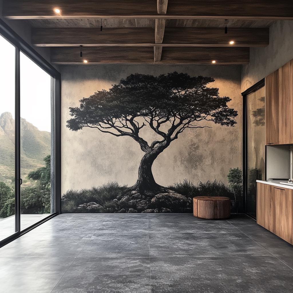 Large tree wall decal in a modern living room, featuring a detailed silhouette mural against a rustic backdrop.